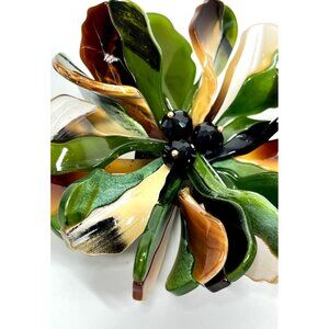 Huge Runway Vtg Flower Brooch Green Brown Acrylic Swirl Hand Sewn Moving Petals